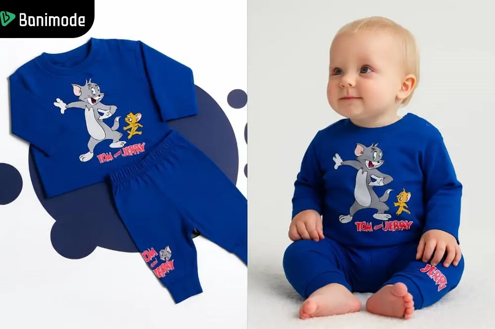 لباس نوزاد با طرح تام و جری رنگ نیلی