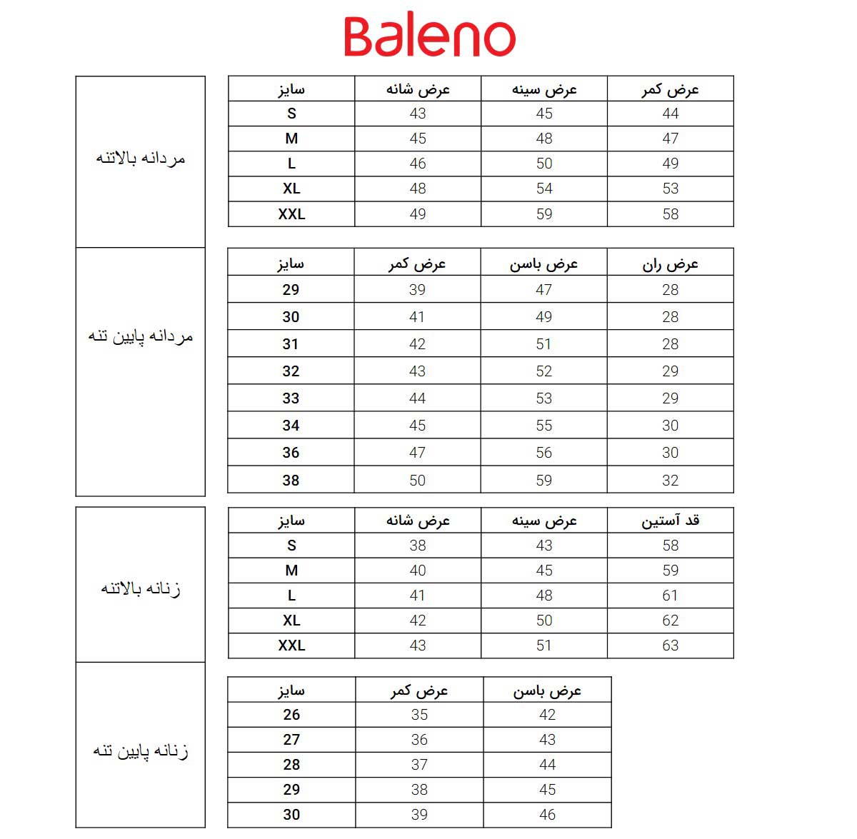 Baleno Size Chart